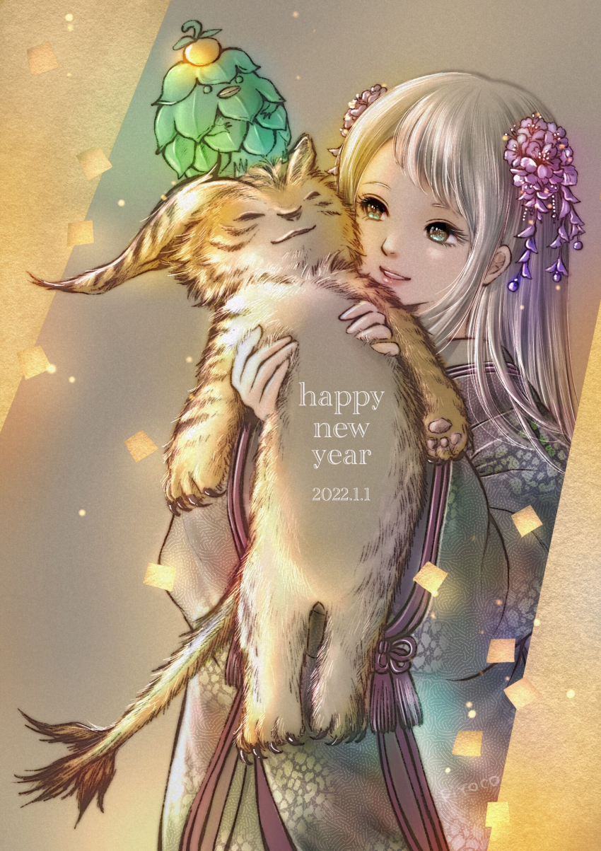 1girl 2022 absurdres alternate_costume aqua_eyes aqua_kimono arciela_v_adoulin artist_name coeurl_(final_fantasy) creature eyelashes final_fantasy final_fantasy_xi flower hair_flower hair_ornament happy_new_year highres hume japanese_clothes kimono leafkin long_hair long_sleeves new_year pink_lips piyoco purple_flower silver_hair smile wide_sleeves