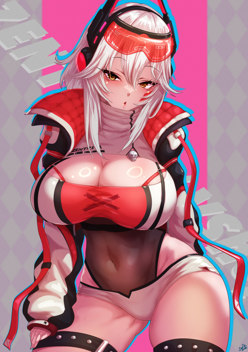 1girl absurdres blush breasts cleavage covered_navel grey_hair highres jacket leotard leotard_under_clothes looking_at_viewer momoyama_tits open_mouth red_jacket red_shrug short_hair shorts shrug_(clothing) simple_background solo thigh_strap two-sided_fabric two-sided_jacket two-tone_shrug virtual_youtuber vshojo white_jacket white_shorts white_shrug yellow_eyes zentreya zentreya_(cyborg) zentreya_(cyborg)_(zen_2.0)