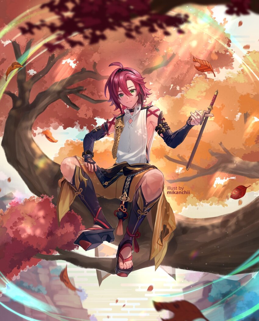 1boy ahoge aiguillette armor artist_name black_choker black_hair black_sandals bracelet branch brown_shorts choker closed_mouth clothes_around_waist clothing_cutout commentary day egasumi english_commentary falling_leaves feet genshin_impact geta green_eyes hair_between_eyes hand_up highres in_tree japanese_armor jewelry jitte kote kurokote leaf light_rays long_hair looking_at_viewer low_ponytail male_focus mikanchii mole mole_under_each_eye mole_under_eye mountain multicolored_hair multiple_moles outdoors parted_bangs pom_pom_(clothes) ponytail red_hair sandals shikanoin_heizou shirt shorts side_cutout sideless_outfit sitting sitting_in_tree sleeveless sleeveless_shirt smile solo streaked_hair sunlight tassel toes tree weapon white_shirt wind