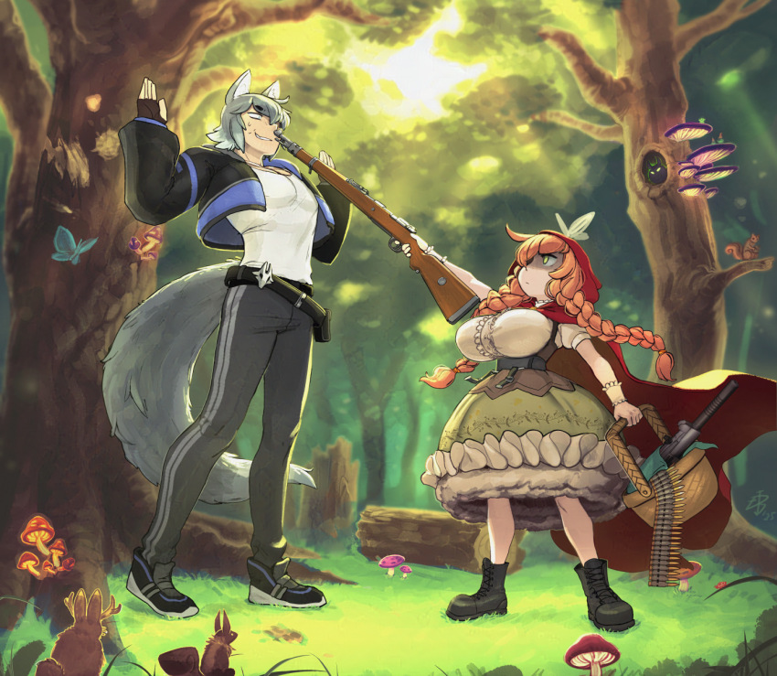 1boy 1girl aiming animal_ears basket belt black_boots black_jacket black_pants boots borrowed_character breasts brown_gloves bug butterfly cloak closed_mouth corset fingerless_gloves forest from_side full_body glaring gloves grass green_eyes gun highres holding holding_basket holding_gun holding_weapon hood hooded_cloak insect jacket large_breasts looking_at_another machine_gun nature nervous_smile original pants partially_shaded_face rabbit red_cloak rifle shirt shoes skirt smile sneakers squirrel surrendering sweatdrop sweater tail track_pants tree weapon white_shirt wolf_boy wolf_ears wolf_tail yorutamago