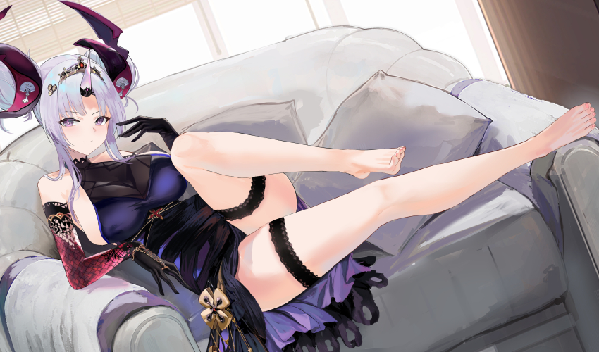 1girl absurdres azur_lane bare_shoulders barefoot blue_dress breasts closed_mouth commentary_request couch dress gloves grey_hair highres horns huge_hair_bun lace lace-trimmed_gloves lace_trim large_breasts legs looking_at_viewer official_alternate_costume on_couch purple_eyes single_horn sleeveless sleeveless_dress soles solo suo_bu_ye_feng thigh_strap thighs toes watarase_(azur_lane) watarase_(garments_of_everlasting_magic)_(azur_lane) white_horns