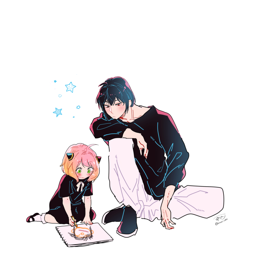 1boy 1girl absurdres ahoge anya_(spy_x_family) awarinko black_dress black_hair black_shirt black_shoes blush child child&#039;s_drawing closed_mouth collarbone crayon drawing_(action) dress green_eyes hairpods highres holding holding_crayon mary_janes pants pink_hair shirt shoes signature simple_background sitting smile socks spy_x_family star_(symbol) twitter_username white_background white_pants yuri_briar