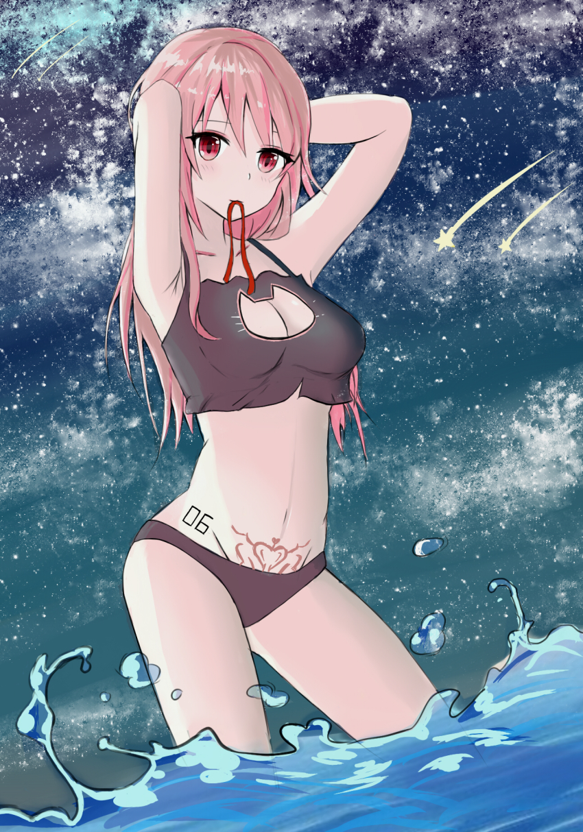 1girl armpits arms_up bikini breasts highres long_hair looking_at_viewer medium_breasts navel night night_sky ocean original paheide_guang pink_eyes pink_hair pubic_tattoo sky smile solo star_(sky) starry_sky swimsuit tattoo water