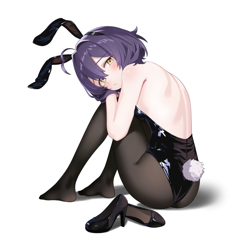 1girl absurdres ahoge alternate_costume animal_ears ass backless_leotard bag black_hair black_leotard black_pantyhose black_shoes character_doll closed_mouth dinyc fake_animal_ears fake_tail head_on_knees high_heels highres hiiragi_utena leotard mahou_shoujo_ni_akogarete on_ground pantyhose playboy_bunny rabbit_ears rabbit_tail shoes short_hair simple_background solo tail unworn_shoes venalita white_background yellow_eyes