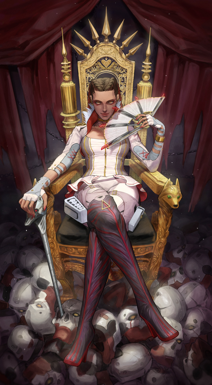 1girl absurdres apex_legends bossan_3310 braid breasts brown_hair cropped_jacket eyeshadow fingerless_gloves garra_de_alanza gloves grey_shirt hair_behind_ear hand_fan highres holding holding_fan holding_staff jacket loba_(apex_legends) looking_at_viewer makeup medium_breasts orange_eyes pants red_eyeshadow red_hair revenant_(apex_legends) shirt sitting smile solo staff twin_braids white_gloves white_jacket white_pants