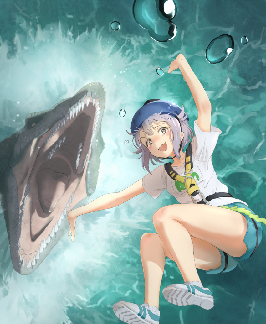 10s 1girl alternate_costume anachronism ari_hinoko blush bungee_jumping dinosaur falling from_above grey_eyes harness helmet highres idolmaster idolmaster_cinderella_girls jurassic_world koshimizu_sachiko looking_at_viewer mosasaur mosasaurus open_mouth outstretched_arms purple_hair rope shirt shoes short_hair shorts smile sneakers t-shirt teardrop tears teeth thighs water wavy_mouth