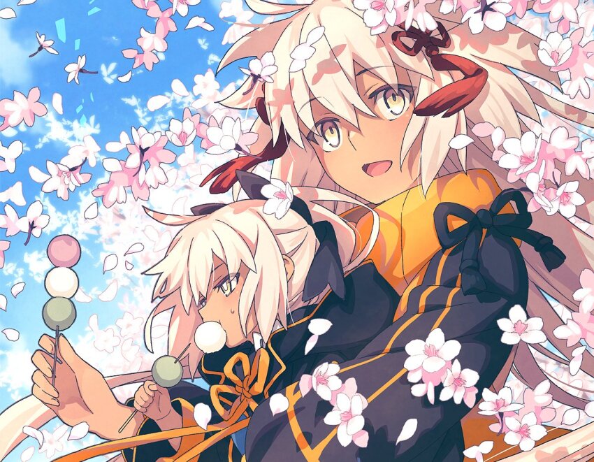 2girls ahoge black_jacket breasts cherry_blossoms cropped_jacket dango dark-skinned_female dark_skin eating fate/grand_order fate_(series) flower food grey_eyes jacket long_hair long_sleeves looking_at_viewer multiple_girls okita_souji_(fate) okita_souji_alter_(swimsuit_saber)_(fate) okita_souji_alter_(swimsuit_saber)_(first_ascension)_(fate) open_mouth orange_scarf rengoku_(fate) rengoku_(first_ascension)_(fate) saipaco scarf shrug_(clothing) smile tassel very_long_hair wagashi white_hair