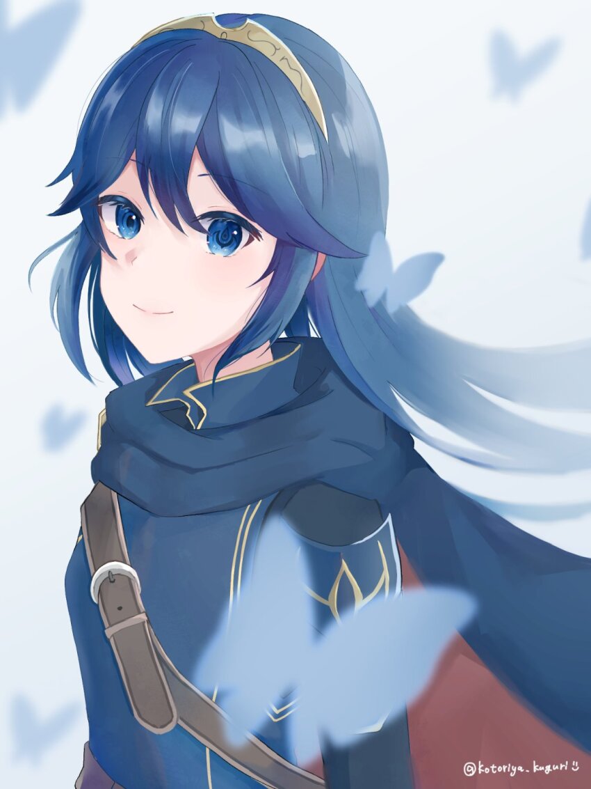 1girl blue_cape brand_of_the_exalt bug butterfly cape closed_mouth commentary fire_emblem fire_emblem_awakening hair_between_eyes highres insect kotoriya_kuguri long_hair long_sleeves looking_at_viewer lucina_(fire_emblem) nintendo red_cape smile solo symbol_in_eye tiara twitter_username two-tone_cape upper_body white_background