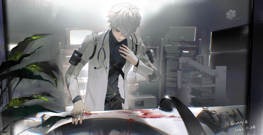 1boy alternate_costume black_pants blood blood_from_mouth blood_on_face blood_on_hands blue_shirt cable chinese_commentary coat commentary cowlick dated doctor faucet grey_hair hair_over_one_eye hand_up highres indoors lab_coat leaf light_particles long_sleeves looking_down male_focus medicine_bottle mirror monitor one_eye_covered oscilloscope pants plant punishing:_gray_raven sanqie shirt short_hair signature sink solo star_of_life stethoscope striped_clothes striped_shirt syringe unkempt upper_body vertical-striped_clothes vertical-striped_shirt wanshi_(pgr) white_coat yellow_eyes
