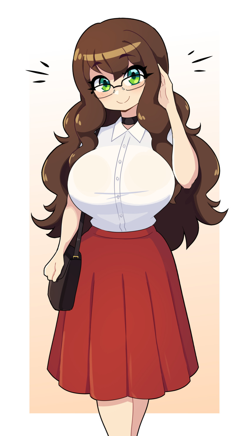 1girl absurdres black-framed_eyewear black_bag black_choker border borrowed_character breasts buttons choker collared_shirt commentary commission daigada english_commentary glasses green_eyes hand_in_own_hair highres large_breasts light_blush long_hair long_skirt looking_at_viewer orange_background original parted_lips pleated_skirt red_skirt shirt skirt smile solo wavy_hair white_background white_border white_shirt