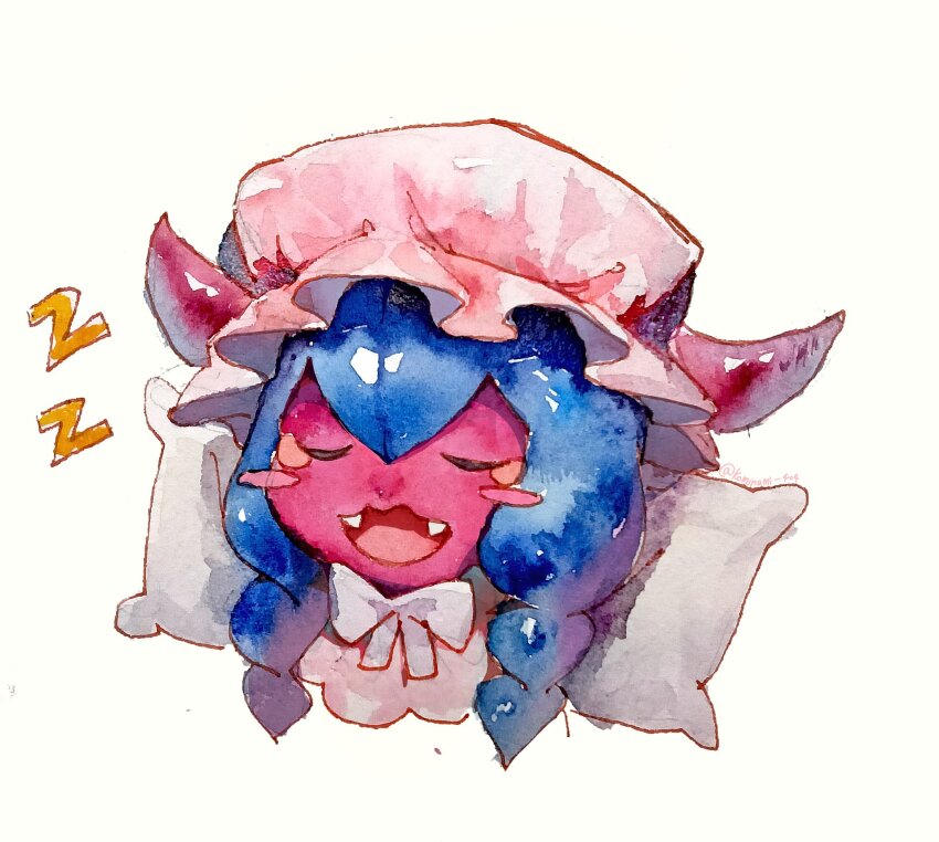 1girl blush_stickers close-up closed_eyes colored_skin commentary digimon digimon_(creature) fangs hat highres kominami_404 lamiamon mob_cap open_mouth pillow pink_hat pink_skin solo symbol-only_commentary zzz