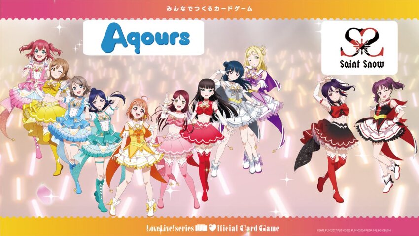 6+girls :d arm_up black_hair blonde_hair blue_eyes blue_footwear blue_hair blue_skirt blunt_bangs boots braid brown_eyes brown_hair closed_mouth colored_inner_hair detached_sleeves double_bun fingerless_gloves full_body gloves gradient_clothes gradient_hair gradient_skirt green_eyes grin hair_between_eyes hair_bun hand_on_own_hip high_ponytail kazuno_leah kazuno_sarah knee_boots kunikida_hanamaru kurosawa_dia kurosawa_ruby layered_skirt long_hair love_live! love_live!_series_official_card_game love_live!_sunshine!! matsuura_kanan midriff miniskirt multicolored_hair multiple_girls navel official_art ohara_mari open_mouth pink_footwear pink_hair pink_skirt pleated_skirt ponytail red_eyes red_hair red_skirt sakurauchi_riko short_hair single_braid skirt smile standing standing_on_one_leg stomach takami_chika thigh_boots thigh_strap thighhighs tsushima_yoshiko twin_braids twintails very_long_hair watanabe_you white_gloves white_hair white_skirt white_sleeves yellow_footwear zettai_ryouiki