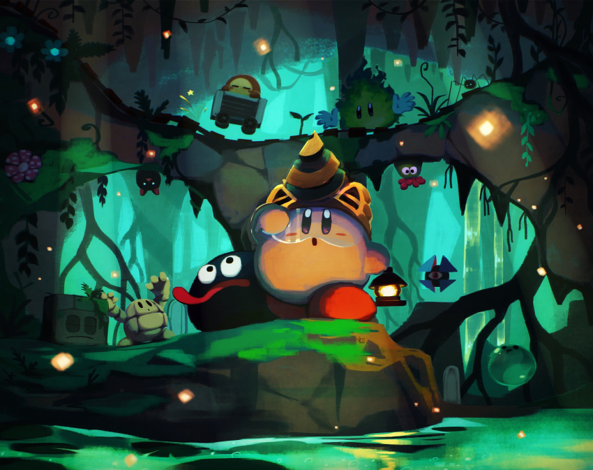 blocky_(kirby) cart cave character_request copy_ability dark drill drill_kirby fire glunk_(kirby) gooey_(kirby) hand_on_forehead helmet highres kirby kirby_(series) light looking_to_the_side monster nintendo open_mouth plant railroad_tracks sparkle suyasuyabi tongue tongue_out vines waddle_dee water