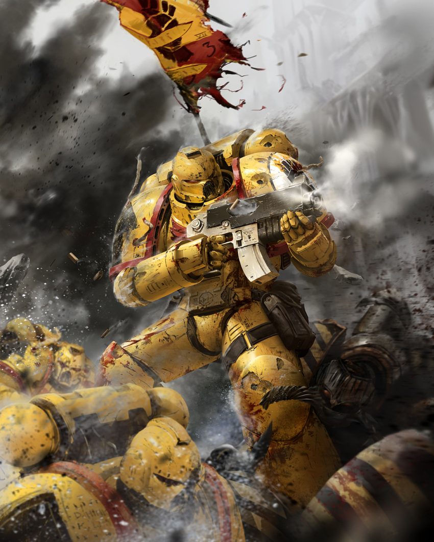 adeptus_astartes armor battle battle_standard bolter codpiece fighting_stance gun helmet highres holding holding_gun holding_weapon imperial_fists power_armor soldier standard_bearer ukitakumuki warhammer_40k weapon