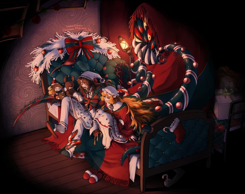 1boy 1girl absurdres barefoot bell bow brown_eyes brown_hair candy candy_cane christmas_nightmare_(e.g.o) christmas_stocking christmas_tree_print commentary_request copyright_name e.g.o_(project_moon) food gift gregor_(project_moon) hat highres ishmael_(project_moon) lantern limbus_company long_hair monster nightcap open_mouth orange_hair project_moon sharp_teeth slippers smile sweat teeth tentacles toenails unworn_slippers white_hat yatsumeunagi