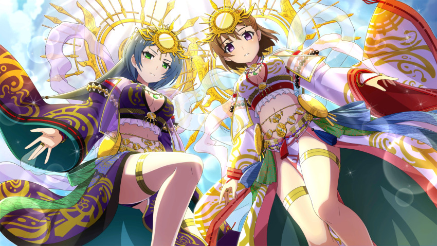 2girls akasaka_miyuki blue_hair breast_cutout breasts brown_hair closed_mouth detached_sleeves feet_out_of_frame frills from_below game_cg green_eyes hair_between_eyes halo highres higurashi_no_naku_koro_ni higurashi_no_naku_koro_ni_mei japanese_clothes jewelry kurosawa_chisame leg_up lens_flare light_rays long_hair looking_at_viewer looking_down midriff multiple_girls navel necklace non-web_source official_alternate_costume official_alternate_hairstyle official_art outdoors outstretched_arm parted_lips purple_eyes ring short_hair sparkle sunbeam sunlight thighlet wide_sleeves