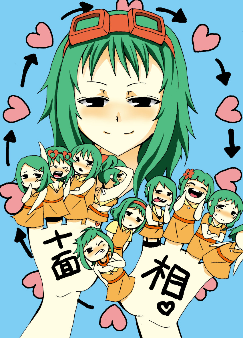 6+girls absurdres arrow_(symbol) blue_background dress gumi highres juu_mensou_(vocaloid) multiple_girls multiple_persona orange_dress rida vocaloid