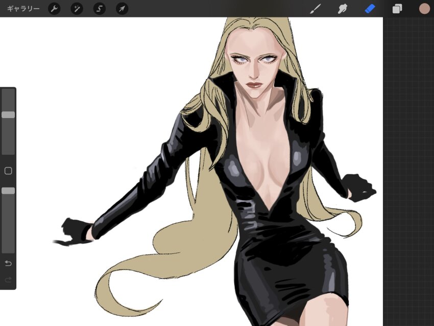 1girl black_dress black_gloves blonde_hair breasts cleavage closed_mouth dress gloves highres kalifa_(one_piece) long_hair long_sleeves one_piece popsweetyio red_lips short_dress solo