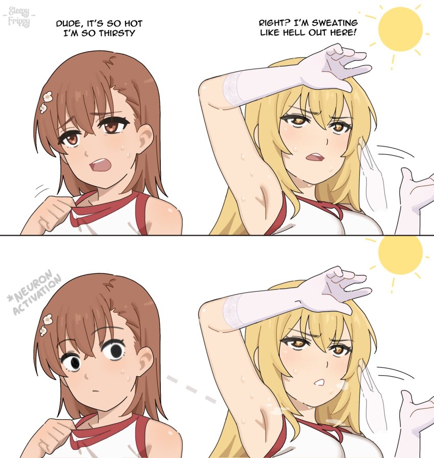 2girls arm_above_head arm_up armpit_focus armpits artist_name blonde_hair breasts brown_eyes brown_hair collarbone elbow_gloves english_text fanning_self gloves hair_between_eyes hair_ornament highres hot large_breasts long_hair meme misaka_mikoto multiple_girls neuron_activation_(meme) shirt shokuhou_misaki short_hair sleepy_frippy speech_bubble star-shaped_pupils star_(symbol) staring sun sweat symbol-shaped_pupils toaru_kagaku_no_railgun toaru_majutsu_no_index tokiwadai_school_gym_uniform white_gloves yuri