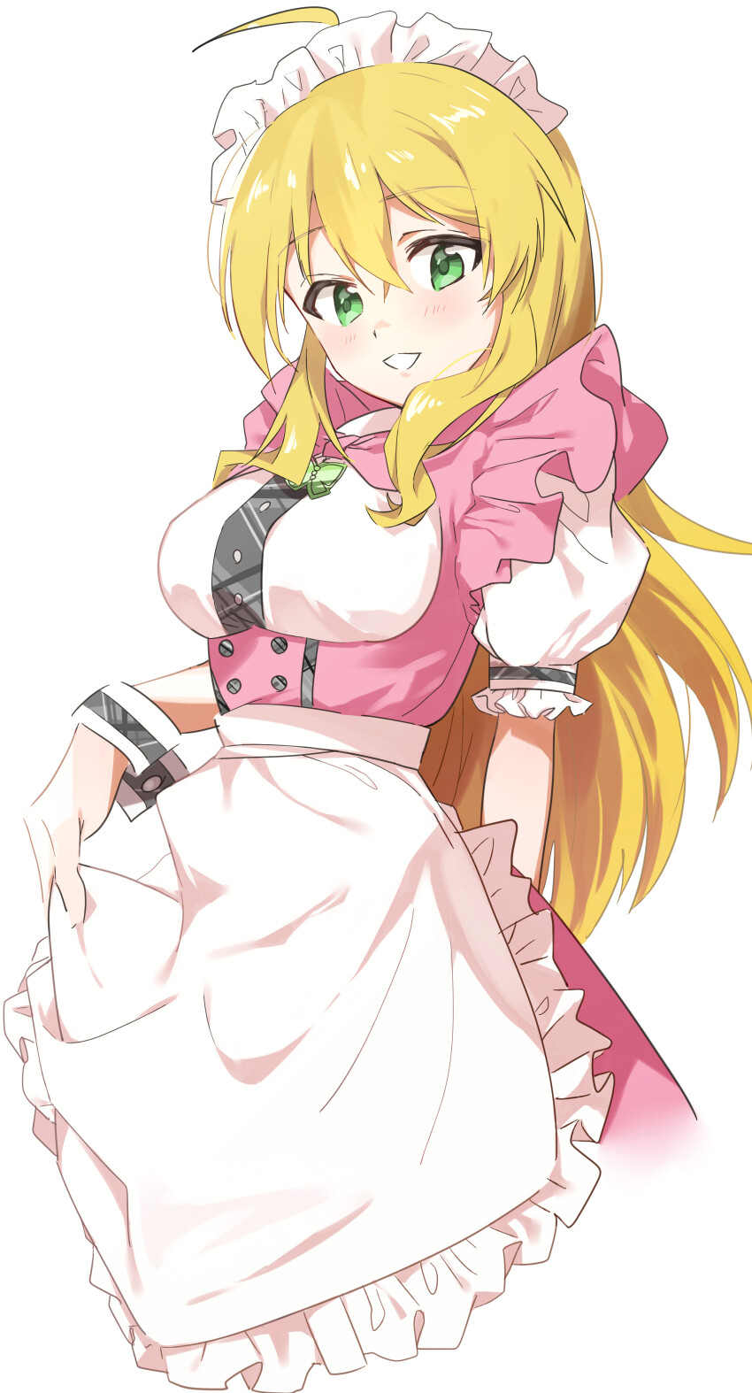 1girl absurdres ahoge apron apron_hold blonde_hair bow bowtie breasts butterfly_ornament cowboy_shot dress green_eyes hair_between_eyes highres hoshii_miki idolmaster idolmaster_(classic) idolmaster_million_live! idolmaster_million_live!_theater_days katsu_(kana) long_hair looking_at_viewer official_alternate_costume pink_bow pink_bowtie pink_dress pretty_waitress_(idolmaster) puffy_short_sleeves puffy_sleeves short_sleeves simple_background smile solo standing waist_apron waitress white_apron white_background white_headdress white_wrist_cuffs wrist_cuffs