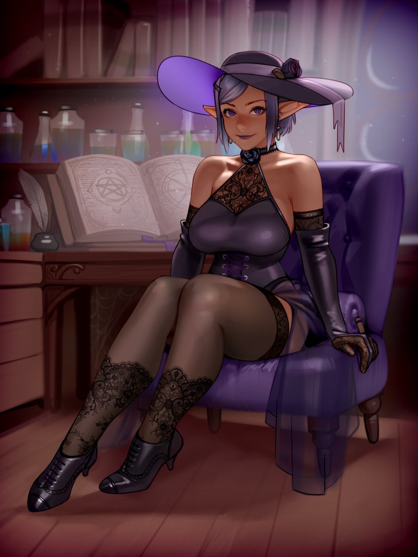 1girl absurdres ankle_boots armchair backlighting bare_shoulders black_boots black_flower black_gloves black_rose black_thighhighs book bookshelf boots breasts bridal_gauntlets chair choker cleavage collarbone corset cross-laced_footwear dark-skinned_female dark_elf dark_skin detached_sleeves dress earrings elbow_gloves elezen elf female_focus fictional_persona final_fantasy final_fantasy_xiv flower full_body gloves grey_hair halter_dress halterneck hat hat_flower high_heel_boots high_heels highres indoors janelle_colbernoux jewelry kairunoburogu lace lace-trimmed_dress lace-trimmed_legwear lace-trimmed_thighhighs lace_gloves lace_trim large_breasts legs legs_together lipstick looking_at_viewer makeup mascara open_book oxford_heels oxfords pointy_ears purple_eyes purple_lips rose shoes sitting sleeveless sleeveless_dress solo sun_hat thighhighs thighs warrior_of_light_(ff14)