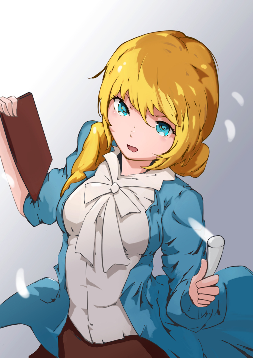 1girl black_skirt blonde_hair blue_eyes blue_jacket breasts chalk collared_shirt commentary_request cow cowboy_shot ellen_baker gradient_background hair_between_eyes hair_over_shoulder highres holding holding_chalk jacket long_hair looking_to_the_side medium_breasts neck_ribbon new_horizon open_mouth renze_l ribbon shirt skirt sleeve_rolled_up solo teacher white_ribbon white_shirt