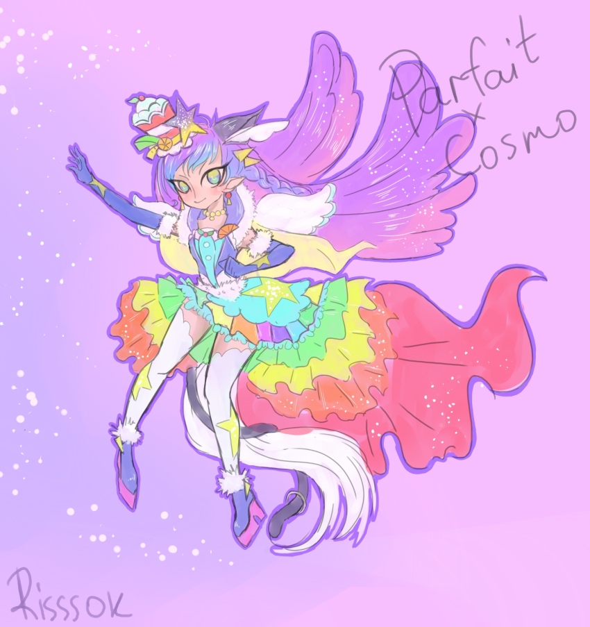 1girl animal_ears blue_gloves boots cat_ears cat_tail cure_cosmo cure_parfait dress fur-trimmed fusion gloves gradient_hair high_heel_boots high_heels highres in-franchise_crossover jewelry kirahoshi_ciel kirakira_precure_a_la_mode long_hair multicolored_dress multicolored_hair multiple_tails necklace pearl_necklace pegasus_wings precure star_twinkle_precure tail two_tails unofficial_precure_costume yuni_(precure)