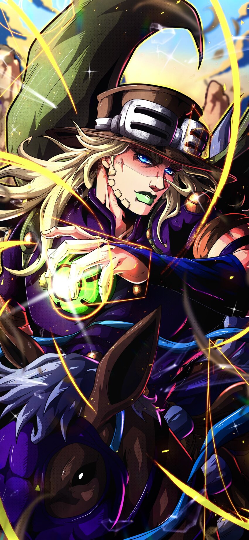 1boy absurdres araki_hirohiko_(style) ball beard blonde_hair blue_bridal_gauntlets blue_eyes brown_hat brown_horse cape cowboy_hat facial_hair goggles goggles_on_headwear golden_spiral green_cape green_lips gyro_zeppeli hat high_collar highres holding holding_ball horseback_riding jojo_no_kimyou_na_bouken long_hair looking_at_viewer male_focus mask mask_on_head noonvincent orange_sleeves purple_shirt purple_sleeves riding shirt short_sleeves sparkle steel_ball_(jojo) steel_ball_run two-tone_sleeves valkyrie_(jojo)