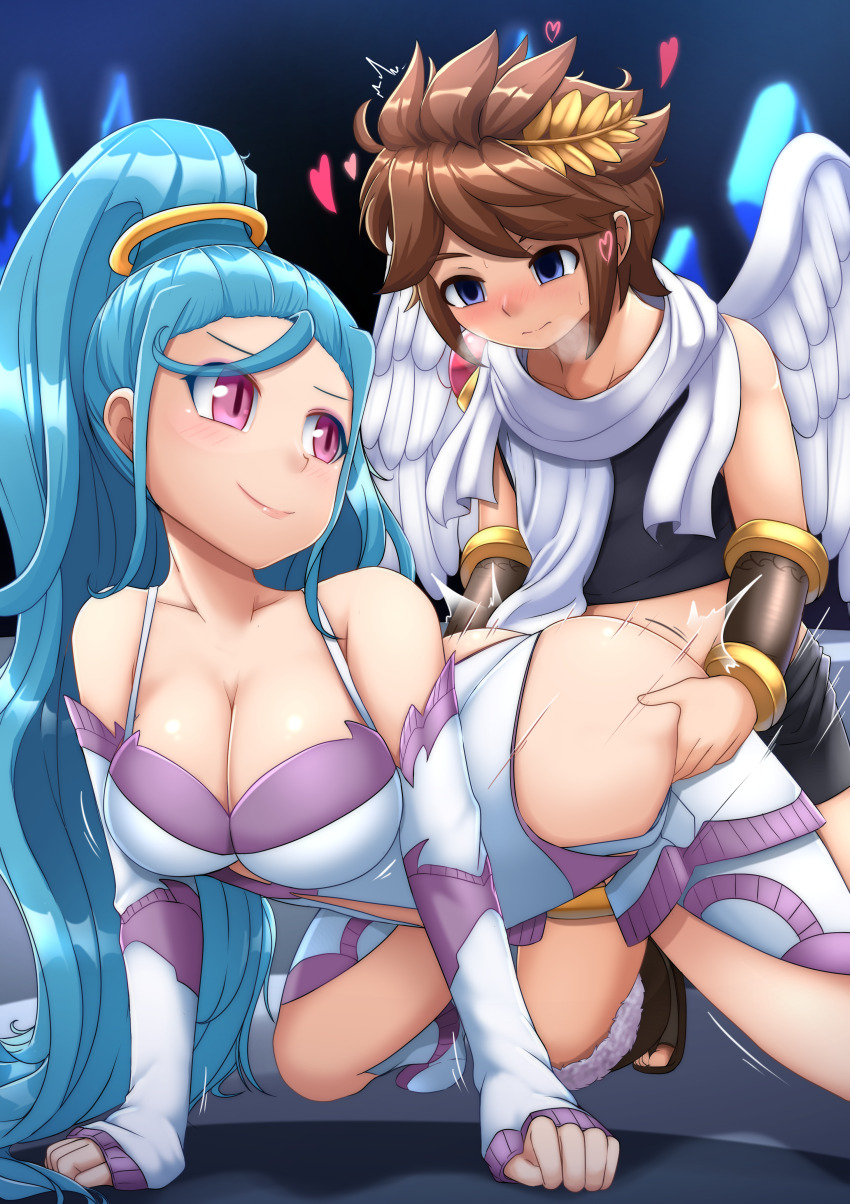 1boy 1girl absurdres amazon_pandora angel angel_wings armored_leotard blue_eyes blue_hair breasts brown_hair cleavage heart hetero highres holding_ass kid_icarus kid_icarus_uprising large_breasts leotard long_hair looking_at_another nintendo pink_eyes pit_(kid_icarus) selvalanch sex sex_from_behind short_hair tagme wide_hips wings