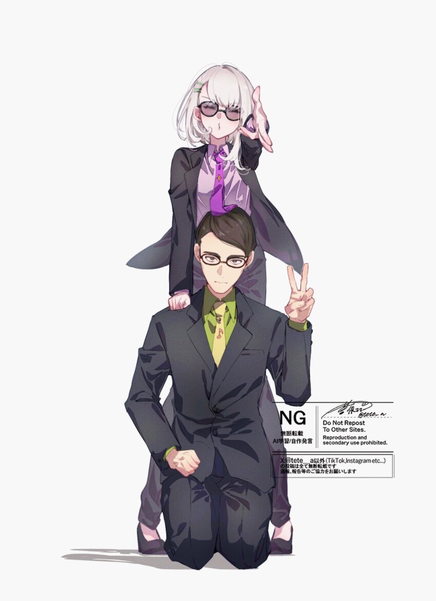 1boy 1girl aoi_tete artist_logo black_hair black_jacket black_pants black_shoes blunt_bangs bob_cut breasts business_suit closed_eyes finger_gun formal_clothes glasses hair_ornament hairpin hand_on_another&#039;s_shoulder high_heels highres idol jacket kimi_to_idol_precure logo long_sleeves looking_at_viewer manager mature_female mature_male multiple_hairpins musical_note musical_note_print necktie pants parted_bangs precure purirun_(human_form) purple_shirt salaryman seiza shirt shoes short_hair signature sitting standing suit sunglasses tanaka_(precure) v very_short_hair watermark white_background