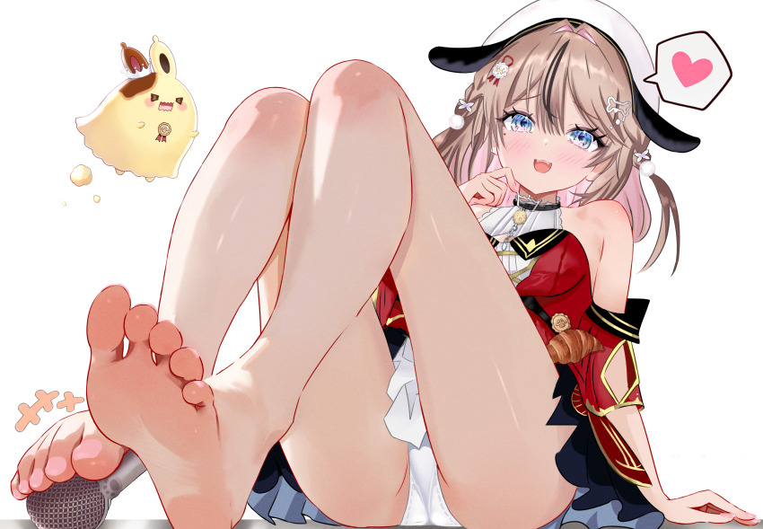 1girl barefoot blue_eyes blush brown_hair feet highres long_hair looking_at_viewer microphone open_mouth panties pantyshot soles toes underwear uroichi