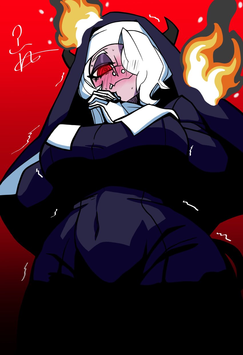 1girl @_@ absurdres black_dress blush breasts burning burning_clothes commentary_request demon_girl demon_horns dress eyeshadow fire habit hair_over_one_eye helltaker highres horns large_breasts lip_piercing looking_at_viewer makeup nose_piercing nun own_hands_together piercing purple_eyeshadow red_background red_eyes simple_background solo thieviusa traditional_nun white_hair zdrada_(helltaker)