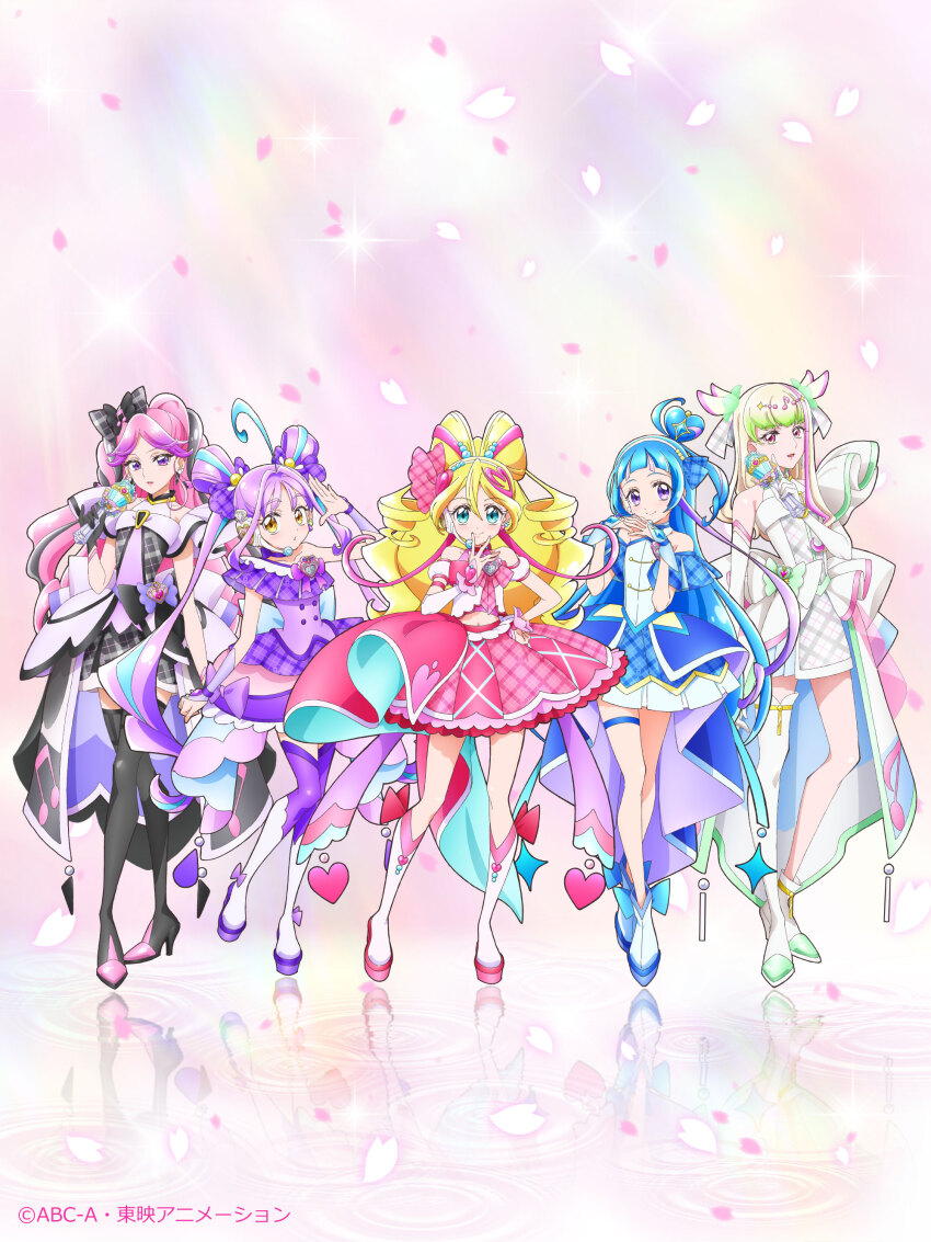 5girls absurdres ahoge aokaze_nana bare_arms bare_legs bare_shoulders black_gloves black_hair black_socks blonde_hair blue_dress blue_eyes blue_hair blunt_bangs boots bracelet braid brooch bubble_skirt crossed_legs cure_idol cure_kiss cure_kyunkyun cure_wink cure_zukyuun curled_horns curly_hair diamond_(shape) dress elbow_gloves falling_petals fortissimo full_body gingham_dress gloves gradient_hair green_hair hair_bun hair_extensions hair_ornament hair_ribbon hair_tie hair_wings half_gloves headband headset heart heart-shaped_lock heart_brooch heart_hair_bun heart_hair_ornament highres holding holding_lightstick holding_weapon horns idol_heart_brooch_(precure) jewelry kimi_to_idol_precure knee_boots kneehighs long_hair long_sleeves looking_at_viewer meroron_(civilian)_(precure) meroron_(precure) multicolored_hair multiple_girls musical_note musical_note_hair_ornament official_art official_style parted_bangs petals pink_dress pink_eyes pink_hair pink_petals precure puffy_dress puffy_sleeves purirun_(civilian)_(precure) purirun_(precure) purple_dress purple_eyes purple_hair ribbon sakura_uta_(precure) shadow shigure_kokoro short_dress single_bare_leg single_kneehigh single_sleeve_cuff single_sock skirt socks standing twin_braids twintails v very_long_hair water_drop weapon white_dress white_gloves winged_hair_ornament wrist_ribbon