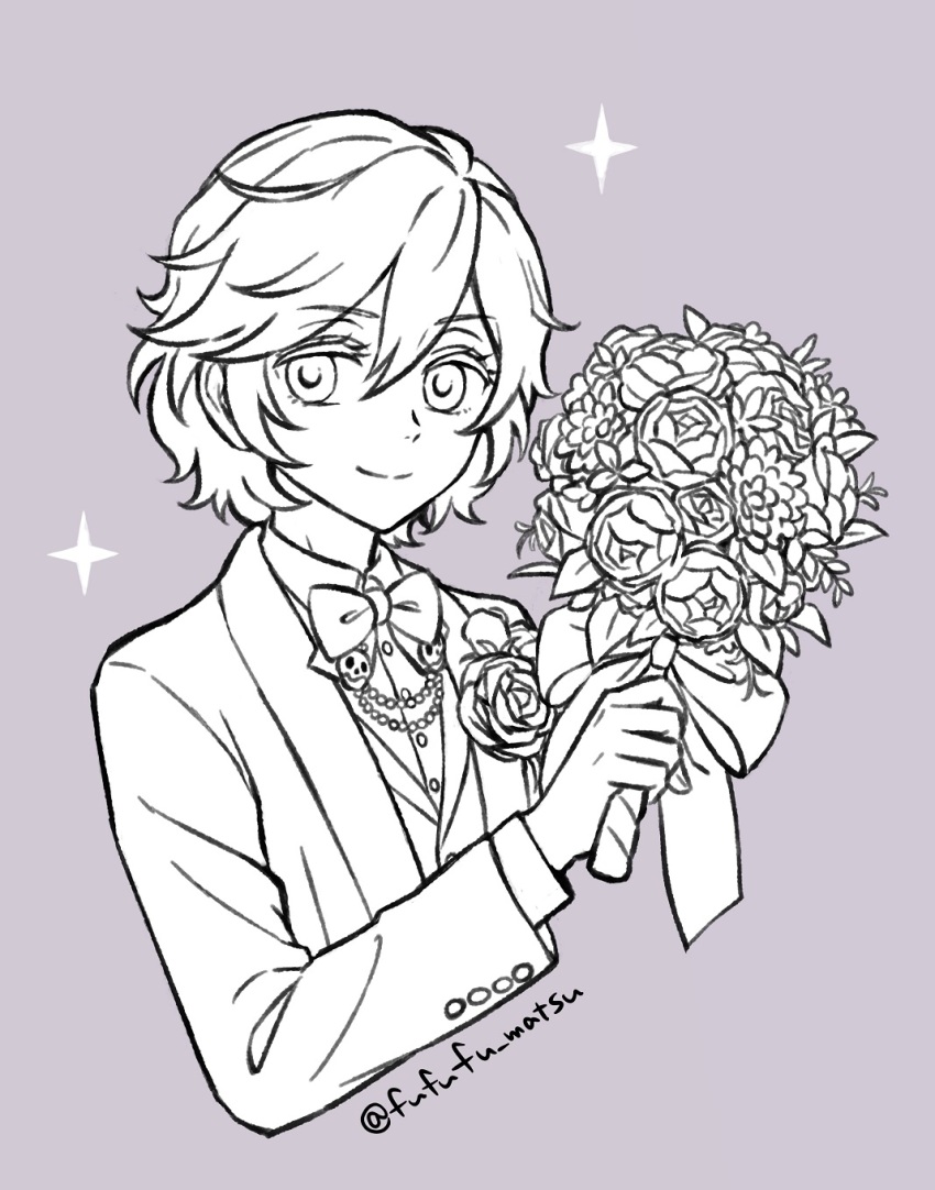1boy bouquet commentary_request cropped_torso epel_felmier flower funuyu grey_background highres holding holding_bouquet jacket lineart looking_at_viewer male_focus purple_hair short_hair simple_background smile sparkle sparkling_aura twisted_wonderland upper_body