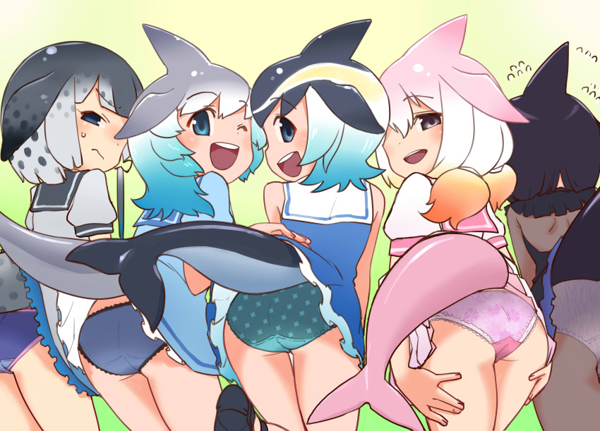 5girls absurdres ass ass_focus blue_eyes blue_hair blue_panties blush cetacean_tail cherry_blossom_print chinese_white_dolphin_(kemono_friends) clothes_lift common_bottlenose_dolphin_(kemono_friends) common_dolphin_(kemono_friends) diamond_(shape) dolphin_girl dot_nose dress dress_lift female_focus fins fish_tail floral_print frilled_panties frills from_behind furrowed_brow gradient_background gradient_hair grey_eyes grey_hair hands_on_own_thighs happy head_fins highres kemono_friends light_blue_hair looking_at_viewer medium_hair miniskirt multicolored_hair multicolored_panties multiple_girls narwhal_(kemono_friends) ogihara_mach one_eye_closed open_mouth orca_(kemono_friends) panties pink_hair presenting puffy_sleeves sailor_collar sailor_dress short_hair shoulder_blades sidelocks simple_background skirt smile sweatdrop tail teeth thighs twintails underwear upper_teeth_only upskirt white_hair white_panties wink