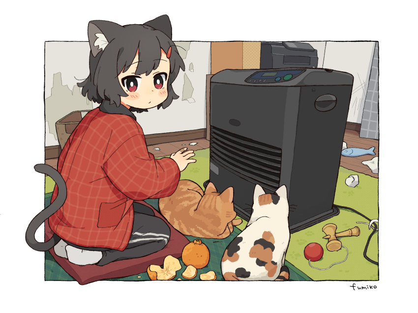 1girl absurdres animal_ears bandaid bandaid_on_hand black_hair black_pants blush bright_pupils brown_cat calico cat cat_ears cat_girl cat_tail closed_mouth commentary_request crumpled_paper fish food from_side fruit fumiko_(rubra_plumeria) hair_ornament hairclip hanten_(clothes) heater highres house indoors kendama looking_at_viewer looking_to_the_side no_shoes orange_(fruit) orange_peel original pants printer red_eyes rug seiza short_hair sitting socks solo space_heater tail torn track_pants wallpaper_(object) warming_hands white_pupils white_socks