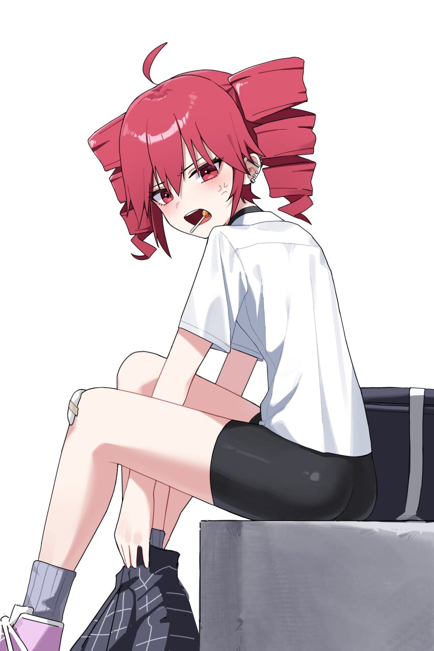 1girl absurdres ahoge alternate_costume anger_vein bag bandage_on_knee bike_shorts black_shorts candy dressing drill_hair food highres hu2924 kasane_teto lollipop open_mouth pants pink_shoes plaid_clothes plaid_skirt purple_socks red_eyes red_hair school_bag shirt shoes shorts skirt socks tight_clothes tight_pants twin_drills utau white_shirt