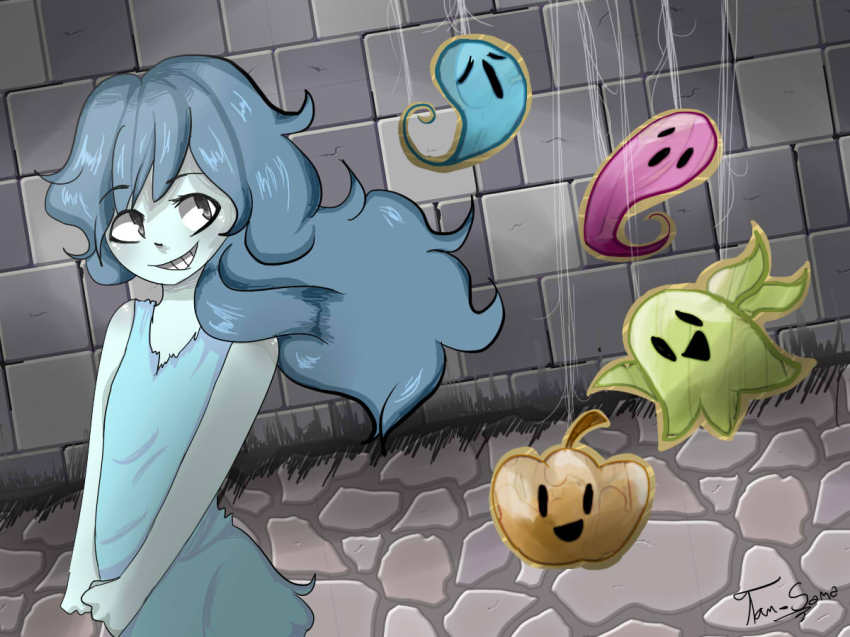 1girl artist_name blue_hair dress female_focus grey_eyes long_hair messy_hair pumpkin sidelocks smile solo spooky&#039;s_house_of_jump_scares spooky_(shojs) tan-sama