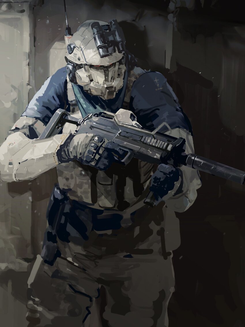 1boy ammunition_pouch belt brown_gloves brown_jacket brown_pants bulletproof_vest gloves gundam gundam_08th_ms_team gundam_ez8 helmet highres humanization jacket male_focus military military_combat_uniform military_jacket military_uniform pants pouch radio_antenna red_eyes rintaro_komori solo utility_belt