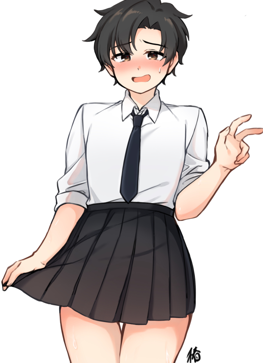 1boy black_hair black_necktie black_skirt blue_archive blush brown_eyes crossdressing crossdressing_(mtf) hand_up highres looking_at_viewer necktie open_mouth sasayumi_tsubaki school_uniform sensei_(blue_archive) sensei_(blue_archive_the_animation) shirt simple_background skirt sweat sweatdrop v white_background white_shirt