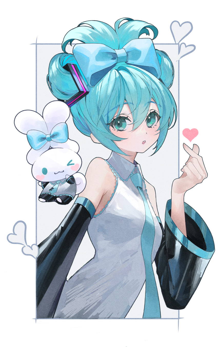 1girl 1other absurdres aqua_hair aqua_necktie bare_shoulders black_sleeves blue_bow blue_eyes blush bow breasts cinnamiku cinnamoroll collared_shirt commentary creature detached_sleeves ear_bow finger_heart folded_twintails fuwa_fuwa_cinnamoroll fuwamura grey_shirt hair_between_eyes hair_bow hair_ornament hatsune_miku heart highres long_hair looking_at_viewer necktie parted_lips sanrio shirt sleeveless sleeveless_shirt small_breasts upper_body vocaloid