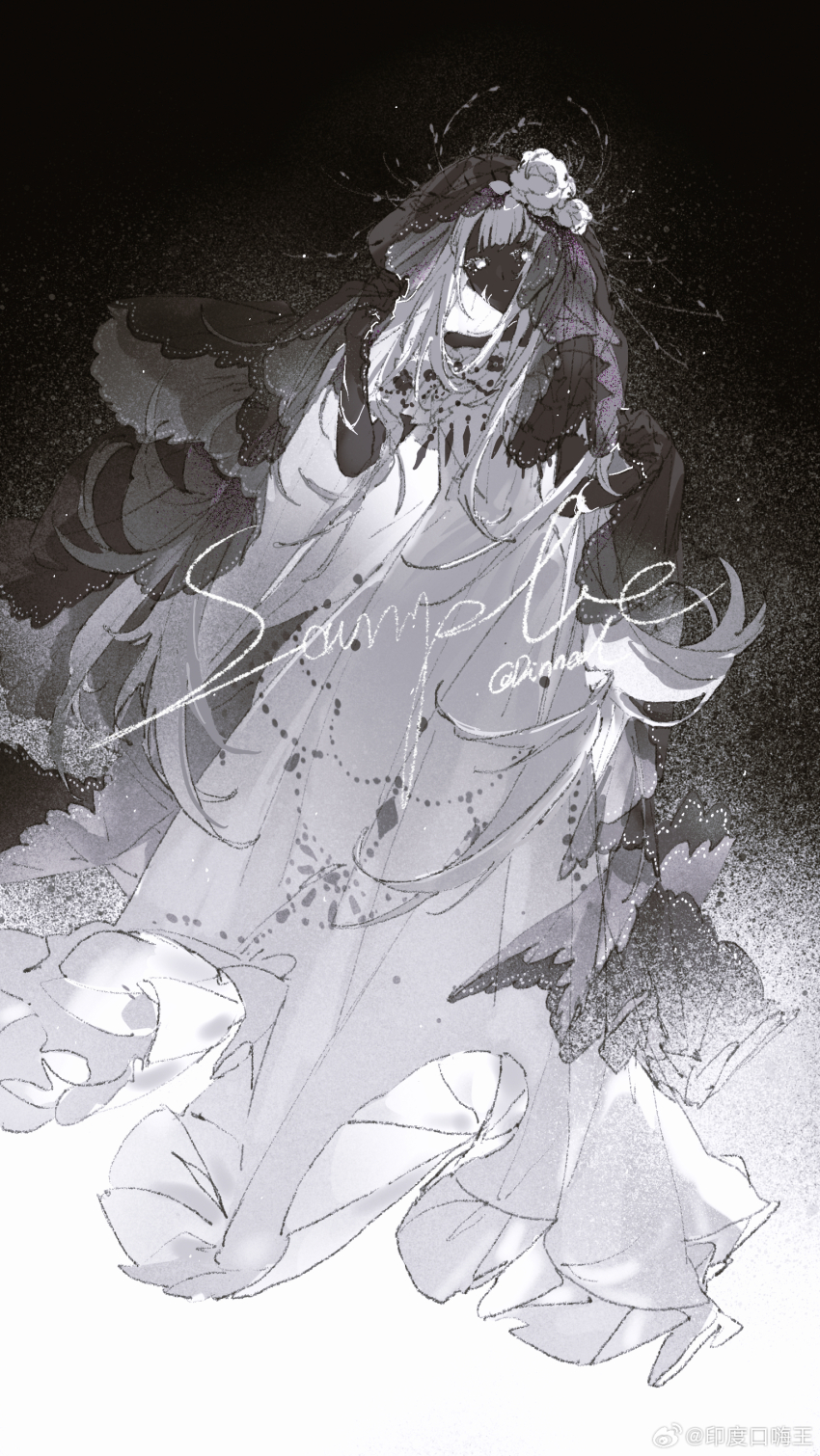 1girl absurdres artist_name bare_shoulders black_background black_skin blunt_bangs chinese_commentary closed_mouth colored_skin commentary_request commission dinned dress expressionless flower frilled_dress frilled_sleeves frills full_body gradient_background greyscale hat hat_flower highres light_particles long_dress long_hair long_sidelocks looking_at_viewer monochrome off-shoulder_dress off_shoulder original rose sample_watermark scar scar_on_face short_sleeves sidelocks skirt_hold solo standing veil very_long_hair watermark weibo_watermark white_background