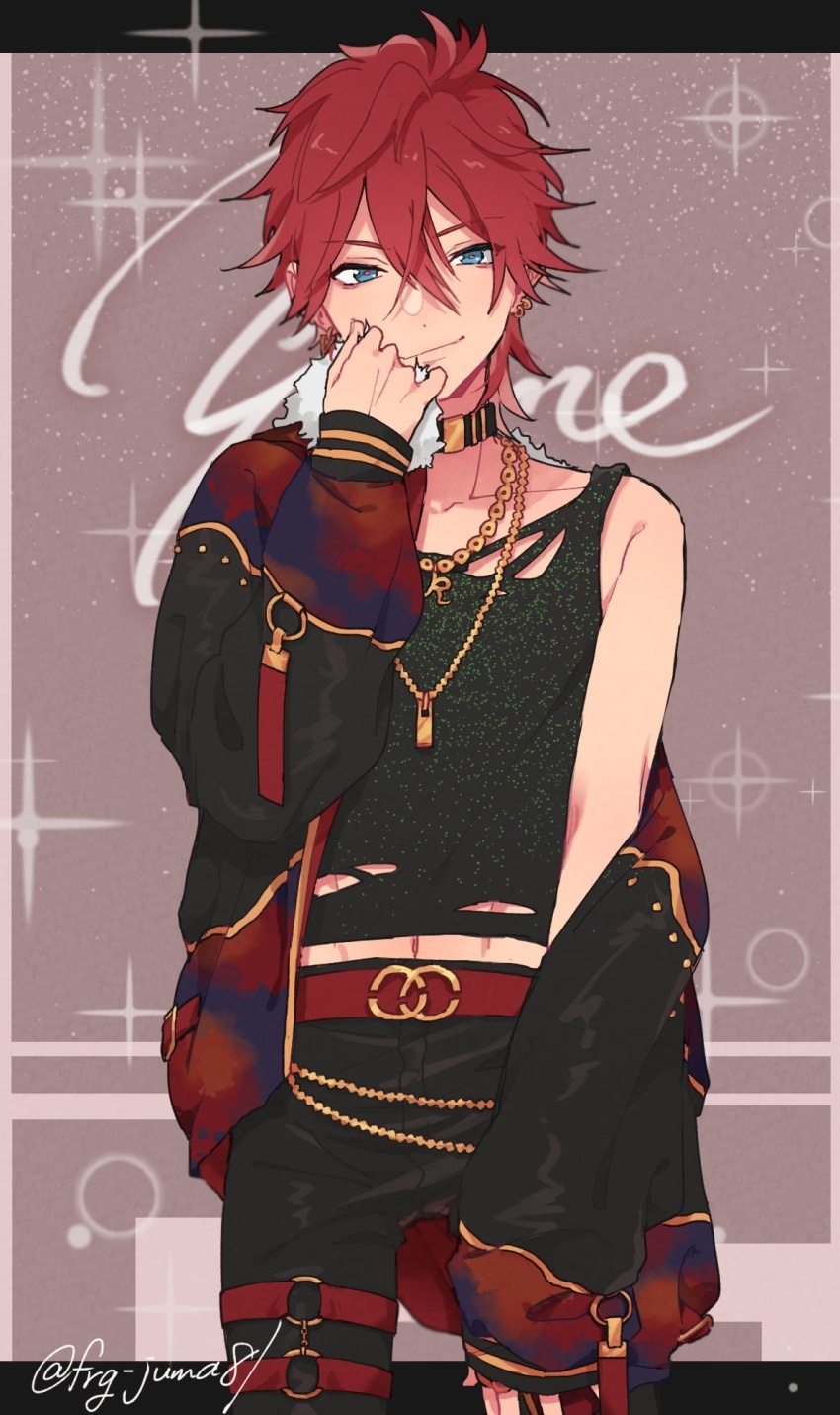 1boy amagi_rinne belt black_shirt blue_eyes choker closed_mouth ear_piercing ensemble_stars! fur_collar gold_necklace hair_between_eyes hand_to_own_mouth highres jacket jacket_partially_removed jewelry juma_(wolf81gizinka) long_sleeves male_focus midriff navel necklace piercing red_belt shirt short_hair sleeveless solo thigh_belt thigh_strap torn_clothes twitter_username