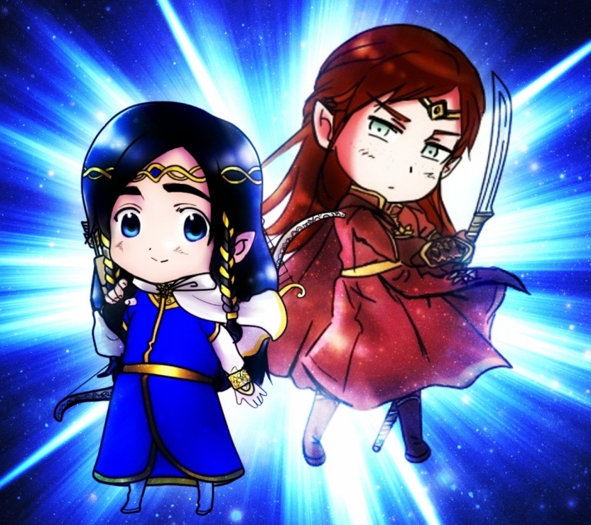 2boys black_hair blue_eyes blue_hair bow_(weapon) braid cape chibi cinemairon closed_mouth cousins elf fighting_stance fingon full_body long_hair looking_at_viewer maedhros male_focus multiple_boys pointy_ears prince red_hair smile sword the_silmarillion tiara tolkien&#039;s_legendarium twin_braids weapon