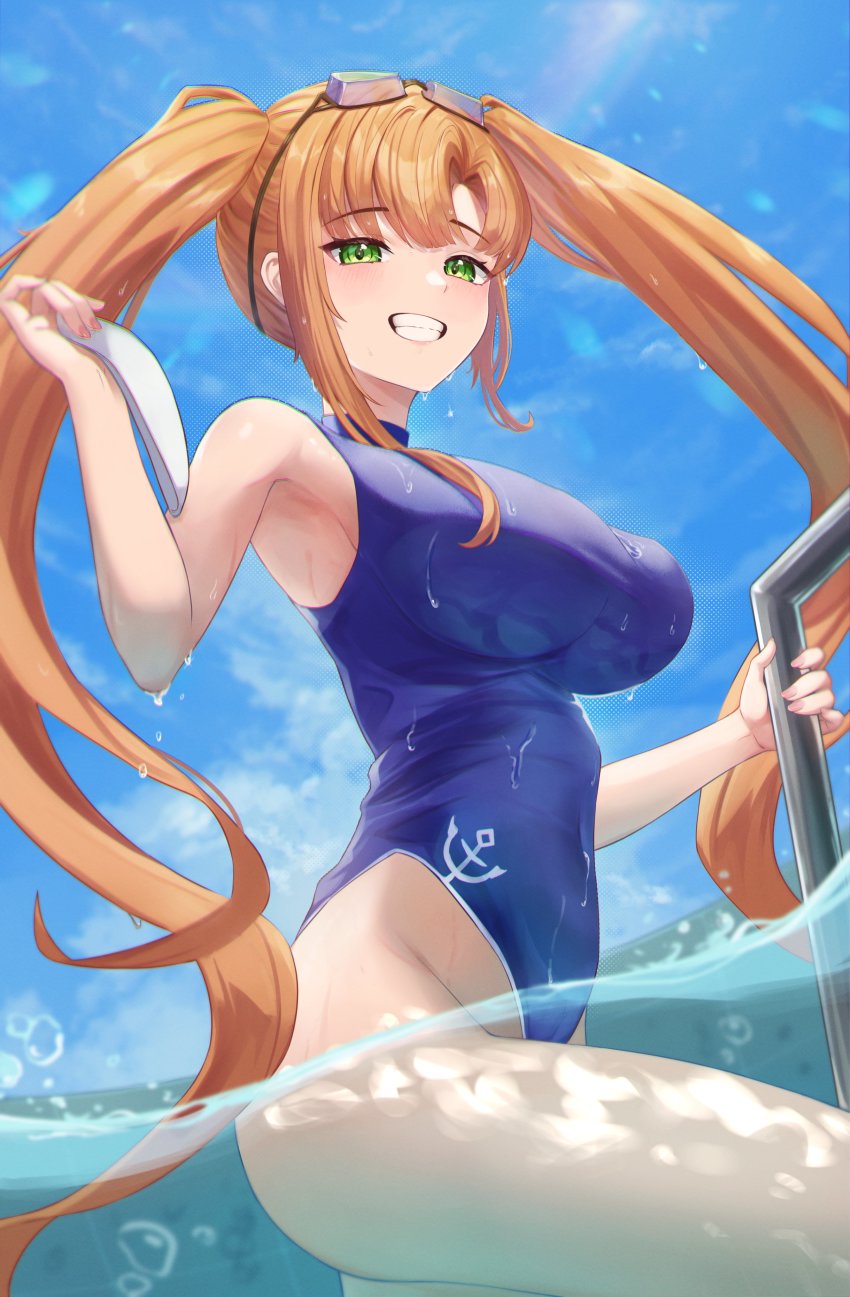 1girl absurdres armpits bad_link blue_one-piece_swimsuit breasts competition_swimsuit green_eyes grin highleg highleg_one-piece_swimsuit highres large_breasts last_origin light_brown_hair long_hair looking_at_viewer nereid_(last_origin) one-piece_swimsuit pool shou_ienaga smile solo swimsuit thighs twintails