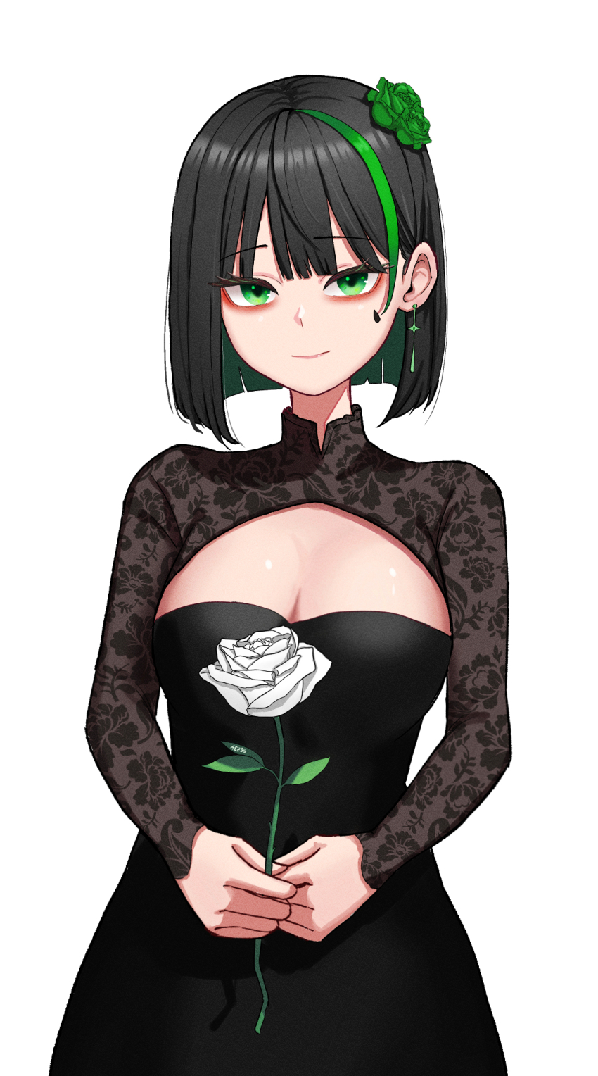 1girl a5235 black_dress black_hair breasts brown_shrug cleavage closed_mouth death_hammer_chouloky dress earrings eyeshadow floral_print flower green_eyes green_flower green_hair green_rose hair_behind_ear hair_flower hair_ornament highres holding holding_flower jewelry large_breasts light_smile long_sleeves looking_at_viewer makeup multicolored_hair red_eyeshadow rose short_hair shrug_(clothing) simple_background single_earring solo strapless strapless_dress streaked_hair stud_earrings teardrop_facial_mark tube_dress virtual_youtuber waktaverse white_background white_flower white_rose