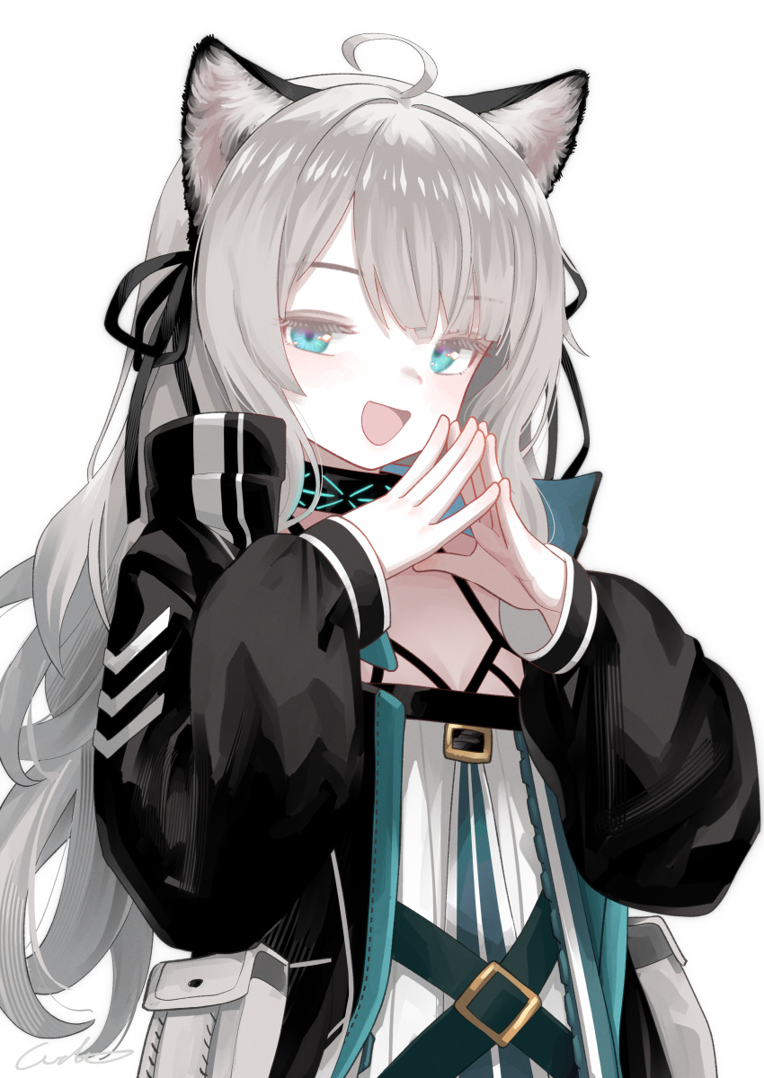 1girl :d absurdres ahoge animal_ear_fluff animal_ears arknights black_jacket black_ribbon blue_eyes commentary_request grey_hair hair_ribbon hands_up high_collar highres infection_monitor_(arknights) jacket long_hair long_sleeves looking_at_viewer mint_(arknights) open_clothes open_jacket open_mouth own_hands_together pouch ribbon simple_background smile solo steepled_fingers upper_body welt_(kinsei_koutenkyoku) white_background