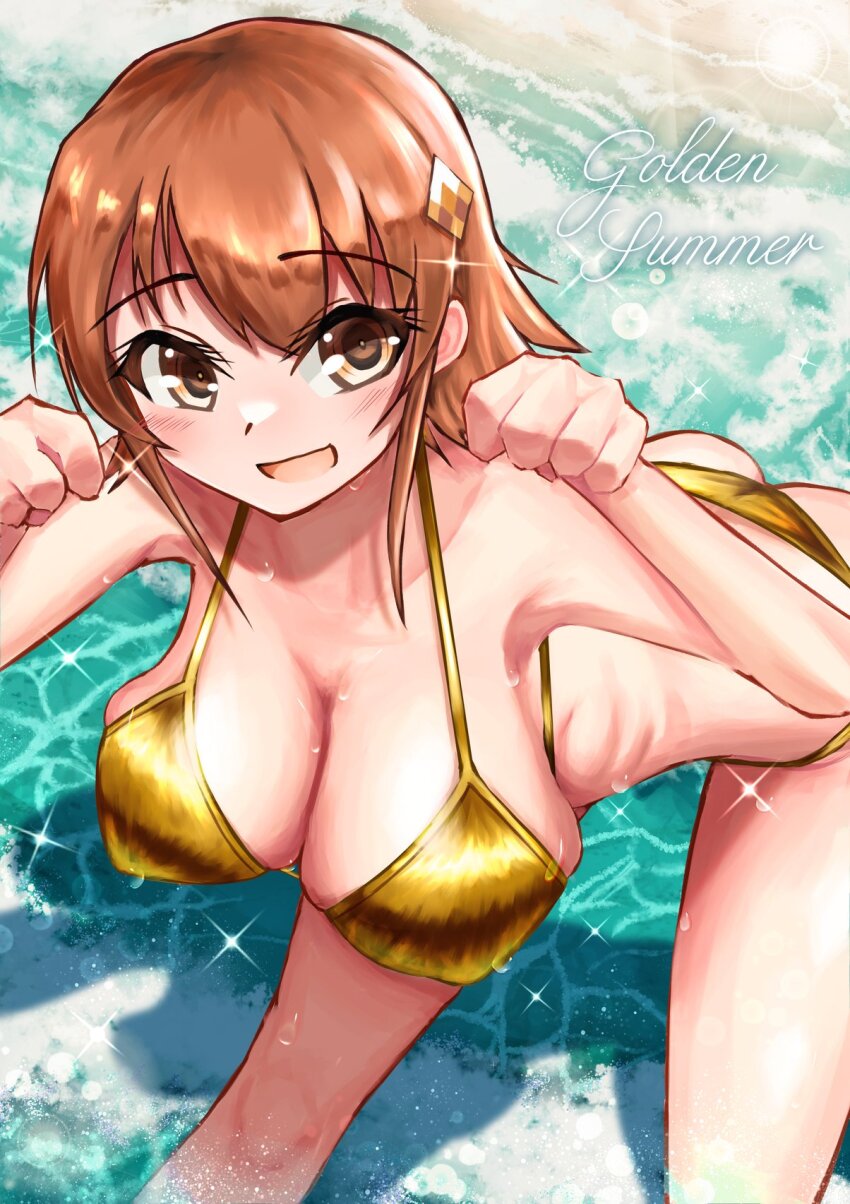 1girl bad_anatomy beach bikini breasts brown_eyes brown_hair cleavage commentary_request feet_out_of_frame flipped_hair gold_bikini hair_ornament hairclip highres kantai_collection large_breasts owada_(kousonhuchi) richard_p._leary_(kancolle) short_hair smile solo sparkle swimsuit w_arms water
