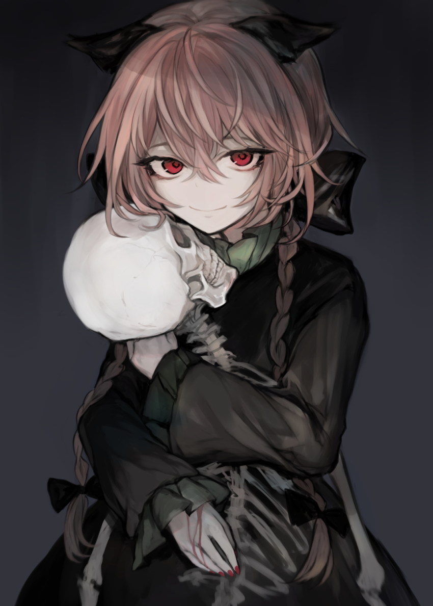 1girl animal_ears black_bow black_dress bleeding blood blood_on_hands bow braid cat_ears closed_mouth commentary dress eyebrows_hidden_by_hair fingernails frilled_sleeves frills hair_between_eyes hair_bow hasunokaeru highres holding kaenbyou_rin long_sleeves looking_at_viewer nail_polish nekomata hugging_object red_eyes red_hair red_nails skeleton smile solo touhou tsurime twin_braids upper_body