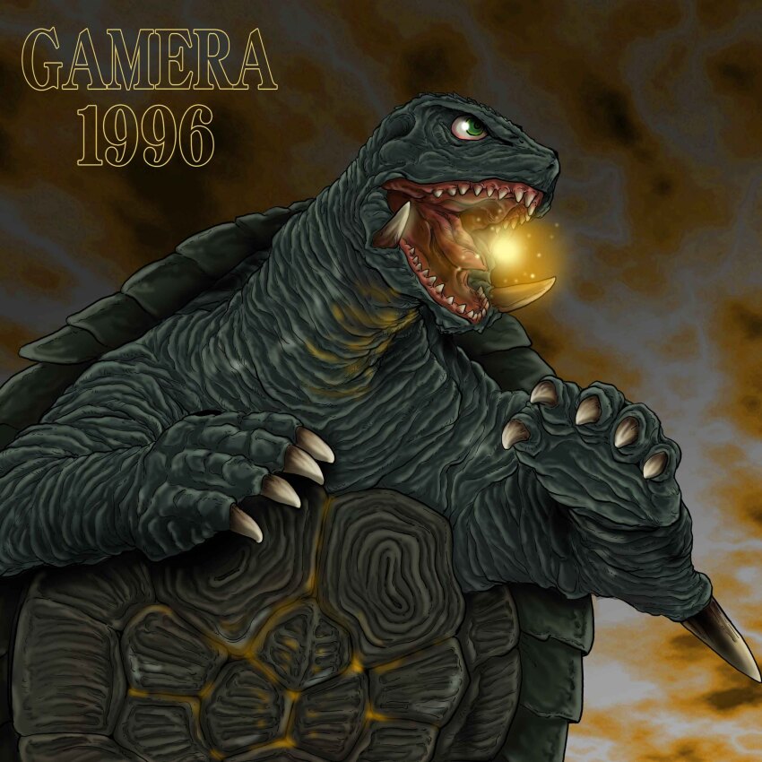 absurdres breath_weapon character_name claws daiei_film elbow_blade elbow_spikes energy energy_ball fire fireball gamera gamera_(series) gamera_2:_attack_of_legion glowing glowing_mouth glowing_throat glowing_veins green_eyes highres kaiju no_humans open_mouth orange_background plasma plasma_fireball roaring satoru33 simple_background teeth tongue turtle tusks veins